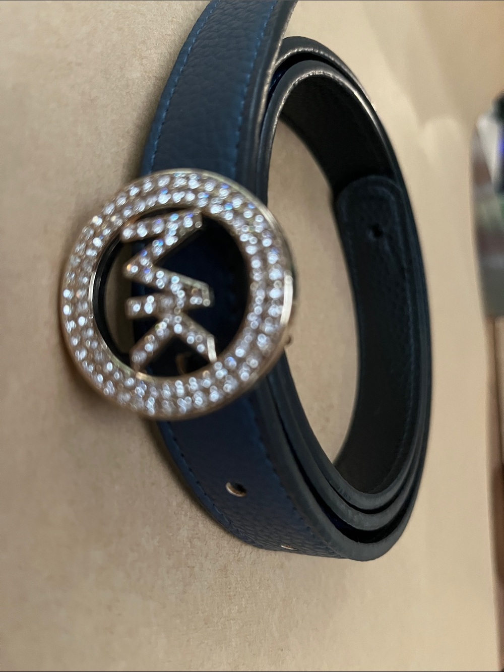 Michael Kors 1 INCH Leather Crystal Logo Belt Circle MK Signature Logo